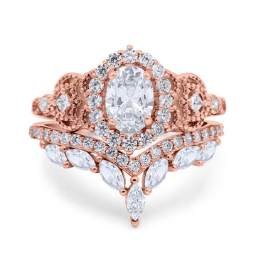 14K Rose Gold Wedding Band Bridal Ring Oval Accent Vintage Simulated Cubic Zirconia Size-7
